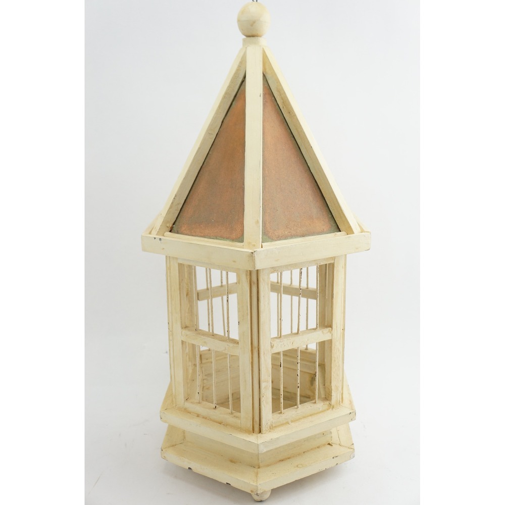 Unbranded Decorative Birdcage Lantern Cream Hexagon Wood Metal Roof Good